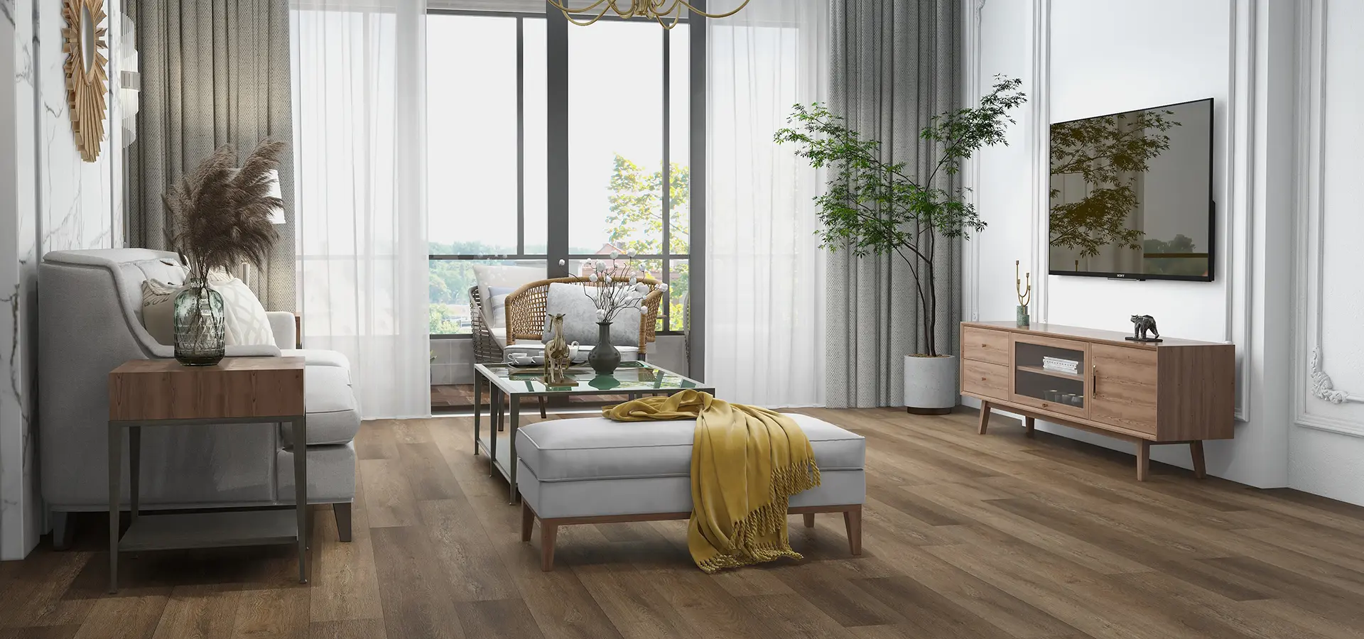 LVT flooring laid in a living room giving a wooden finish look.