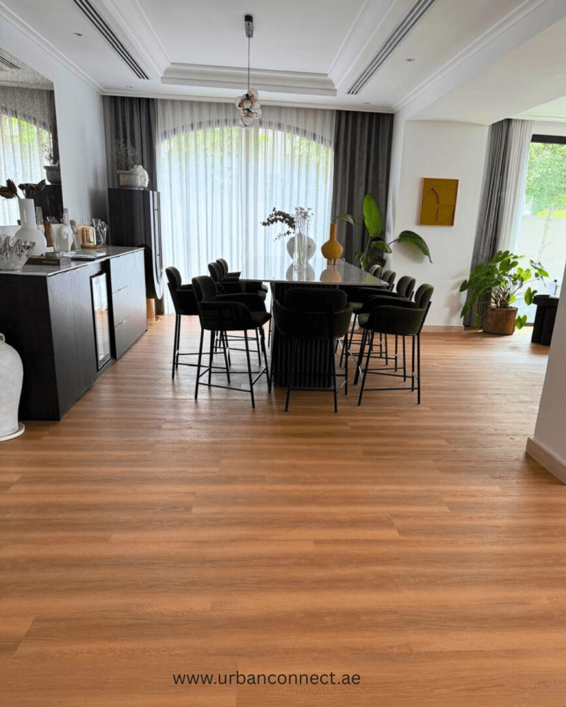SPC flooring straight lay pattern in dining area