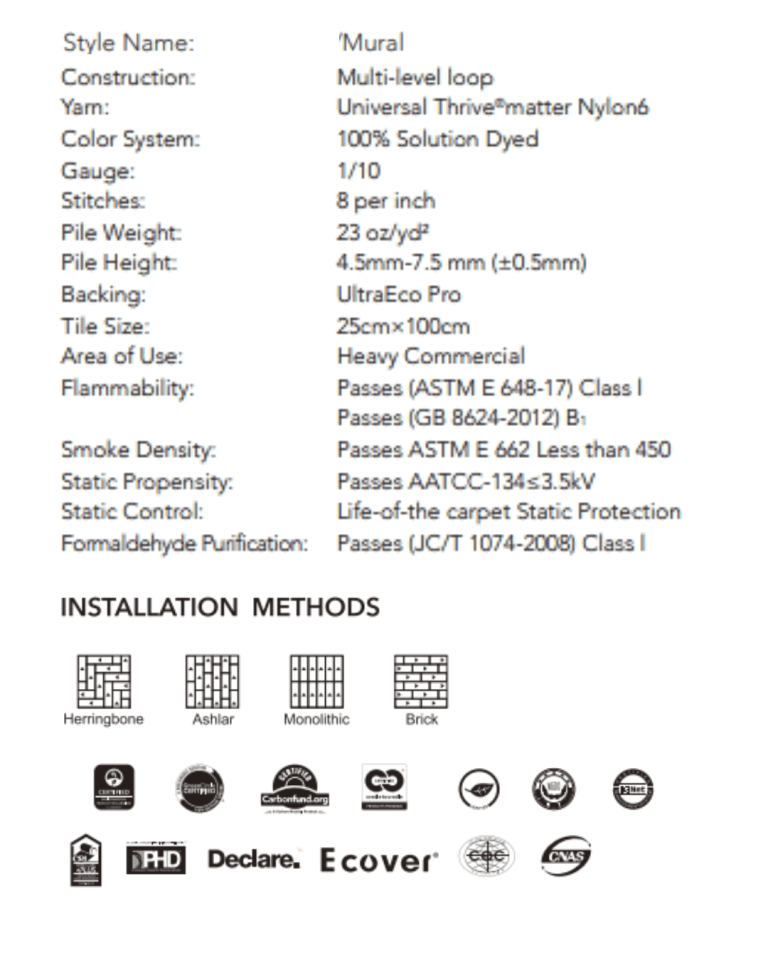 Mural product specification and certifications