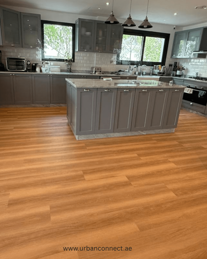 SPC flooring straight lay pattern in kitchen