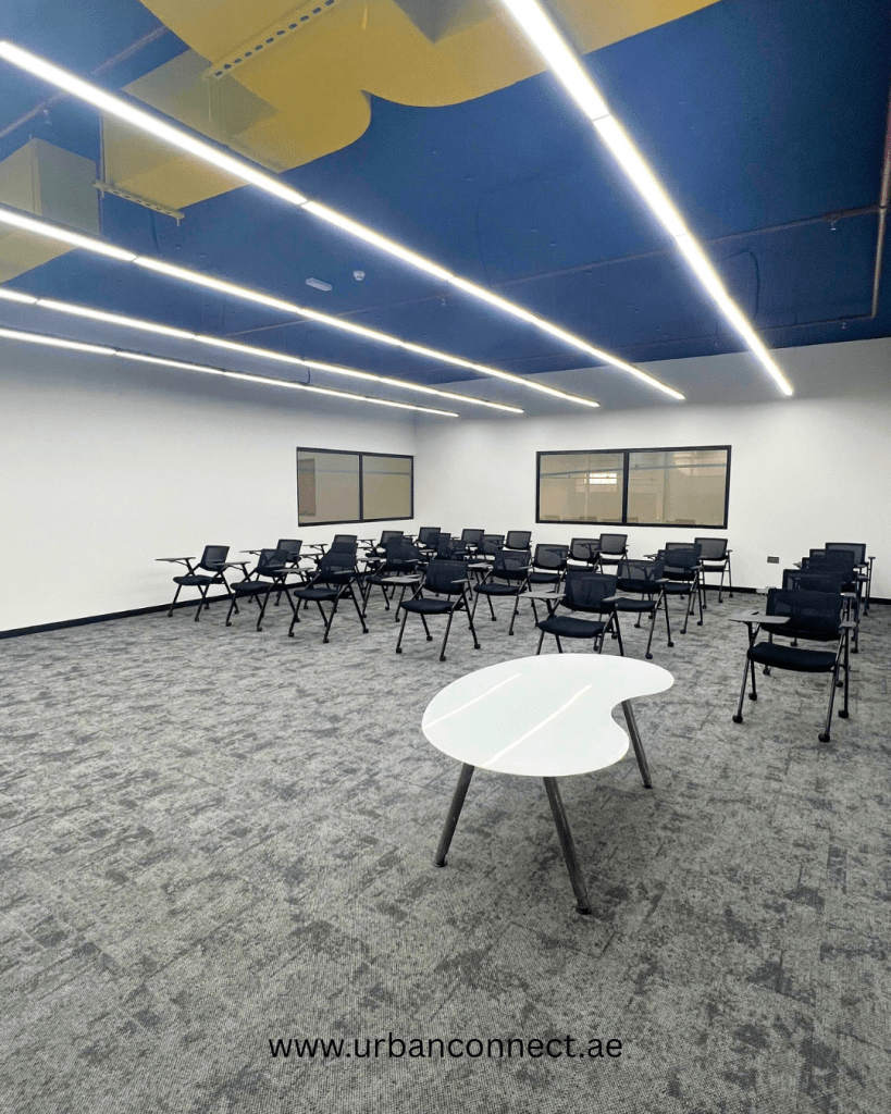 Carpet tiles installation in a meeting hall
