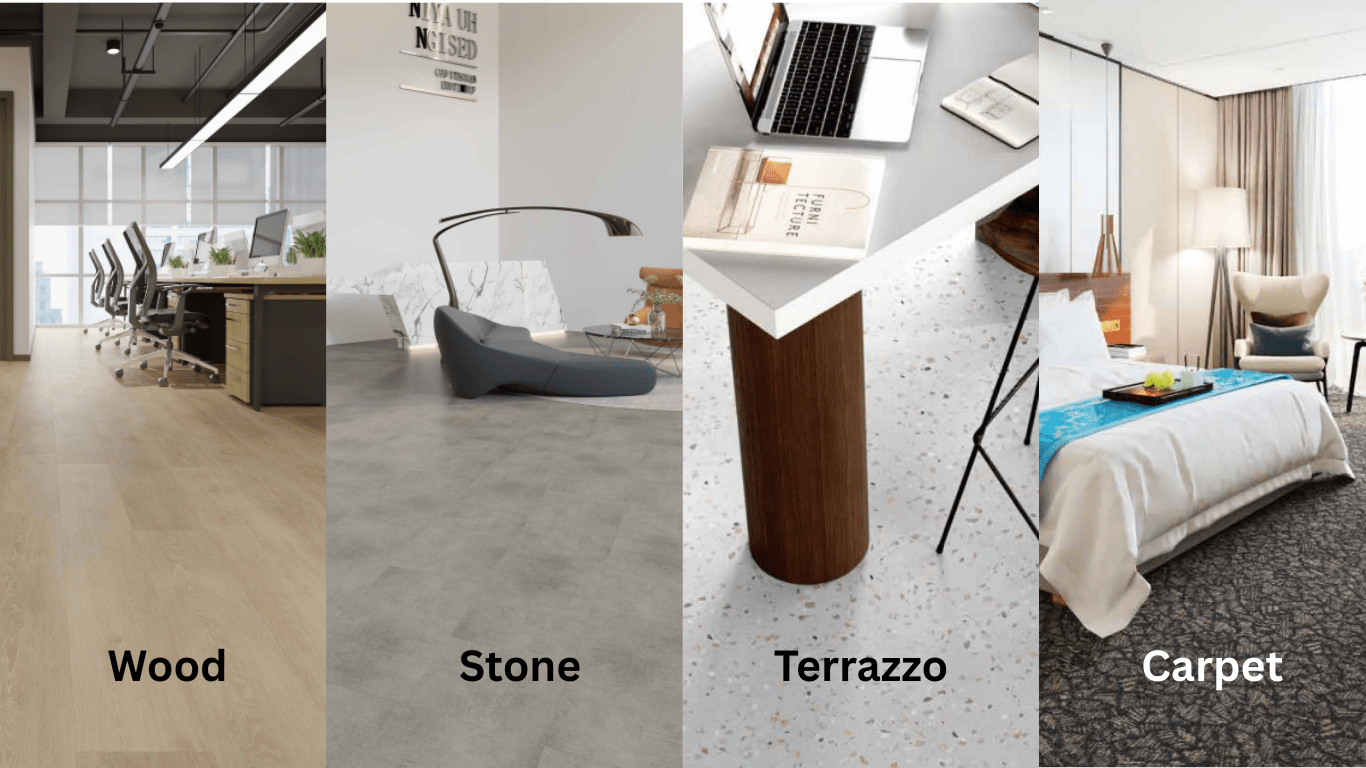 Wood, stone, carpet and terrazzo finish LVTs
